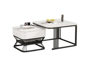 Lot de 2 tables basses gigognes carrées effet marbre avec 1 tiroir 70x70cm + 50x50cm mdf et métal blanc et noir