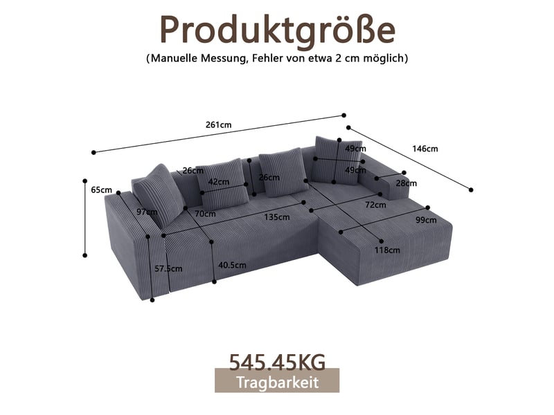  Canapé d'angle modulable modenvie 3 places en velours côtelé gris 261 x 146 x 65 cm  - Conforama C