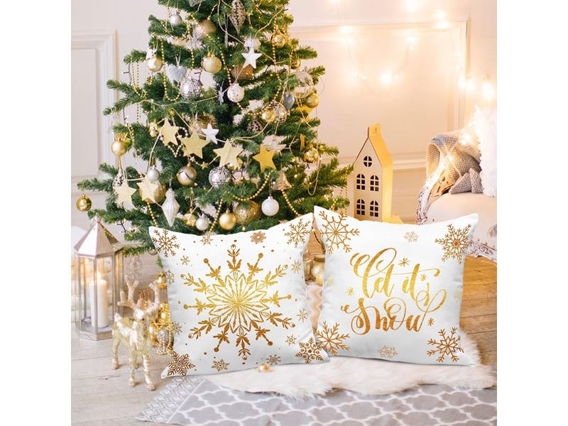  Lot de 4 housses de coussin de noël 45 x 45 cm, motif flocons de neige d'hiver, décoration de noël jaune  - Conforama E