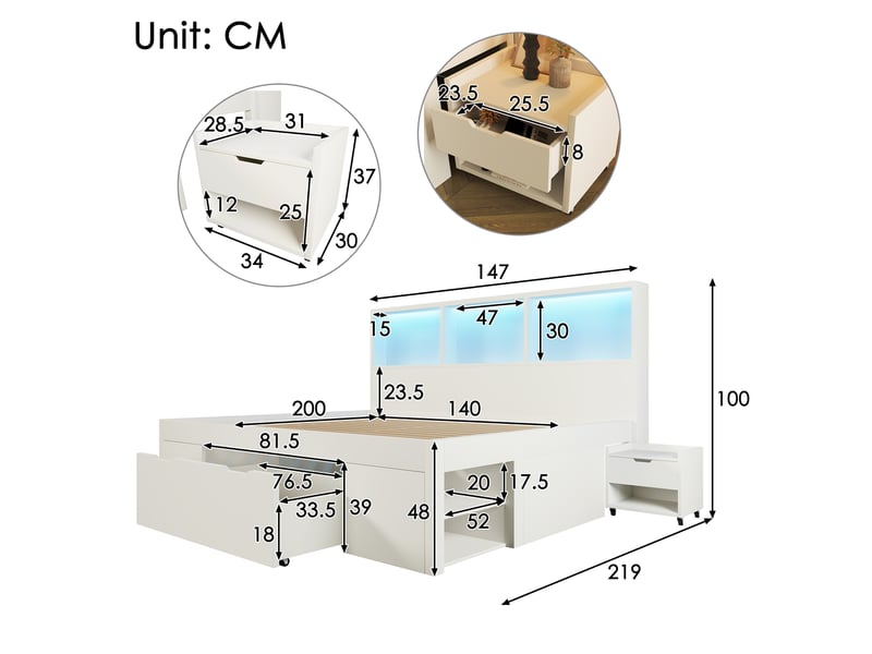  Lit double avec rangement 140x200 cm, lit en bois avec 2 tables de chevet mobiles, led et usb-c, tiroir et étagères - blanc (sans matelas)  - Conforama E