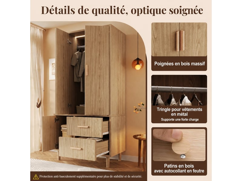 Armoire penderie blanche et effet chêne, led à détecteur, 2 tiroirs, 80 x 48 x 176 cm - Conforama D