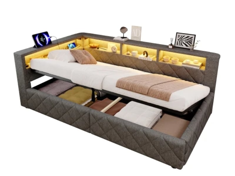  Canapé-lit, 90 x 200 cm, rangement hydraulique, avec bandeau led, avec port usb, sans matelas, lin  - Conforama A