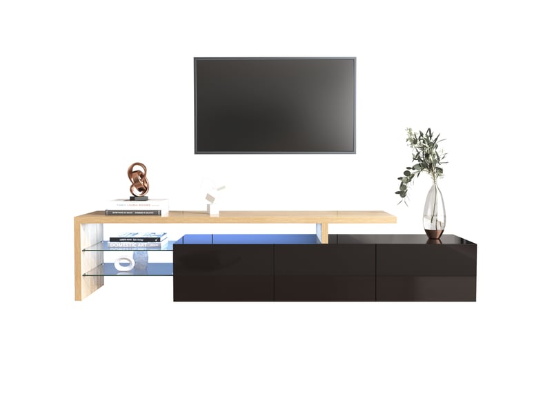  Meuble tv avec 3 placards, étagères en verre et led à 7 couleurs pour salon, en mdf noir et bois 197,5×39×42 cm  - Conforama A