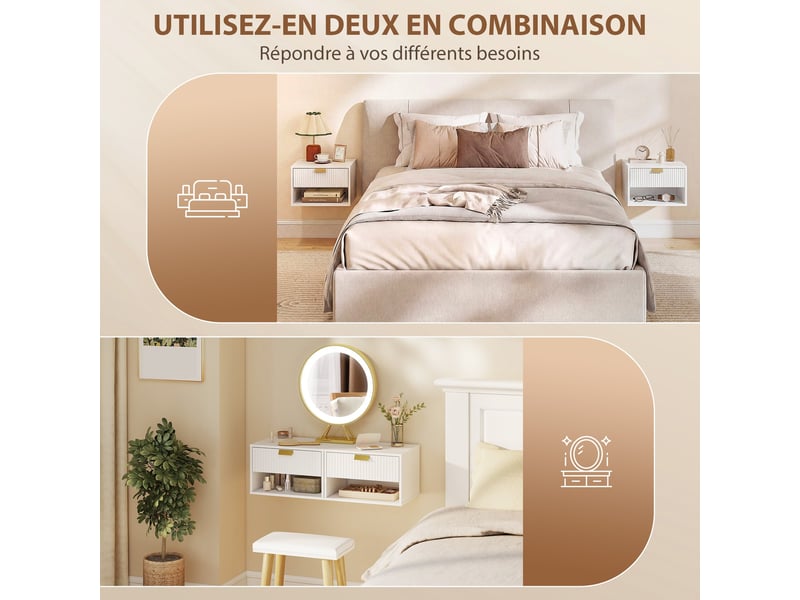 Lot de 2 tables de chevet suspendues 40 x 30 x 25 cm tiroir et étagère moderne épuré en panneau de particules blanc 21_0003782  - Conforama D