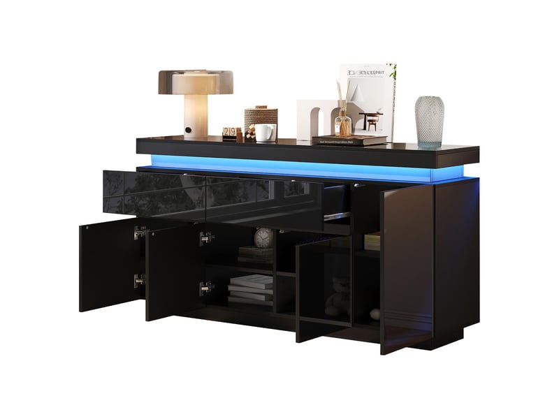  Buffet 4 portes et 2 tiroirs avec led brillant noir 140 x 35 x 72.5 cm N625P374488489S - Conforama B