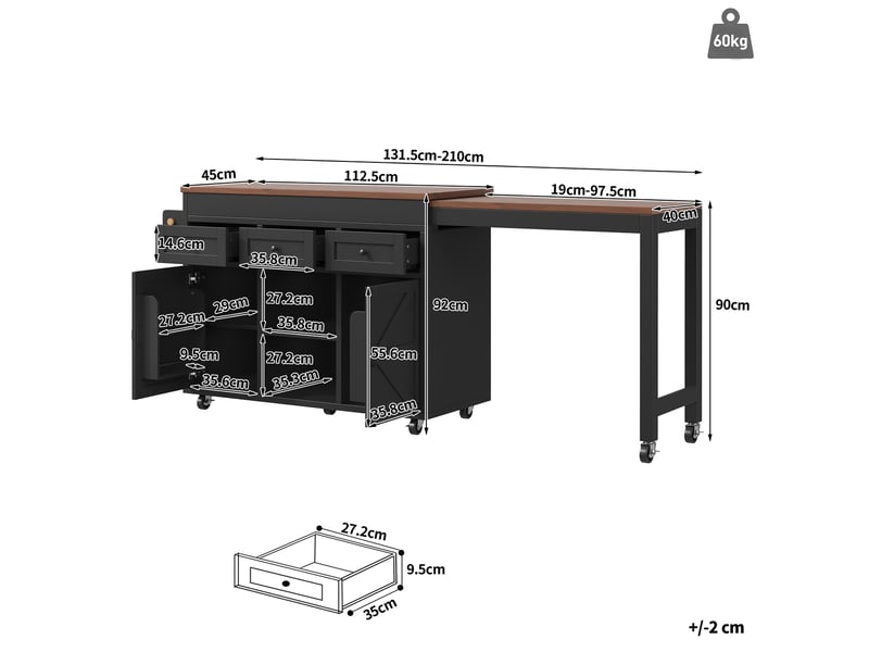  Îlot de cuisine avec table extensible et rangement, 131,5 à 210 cm, mdf noir  - Conforama E