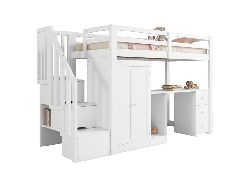 Lit mezzanine 90 × 200 cm 1 place avec bureau, armoire, 3 tiroirs et escalier de rangement, sans matelas, blanc - Conforama E