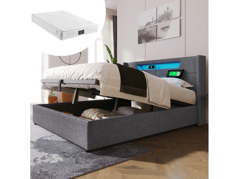  Lit double 160x200 cm avec éclairage led, ports usb et type-c, rangement, gris, avec matelas  - Conforama B