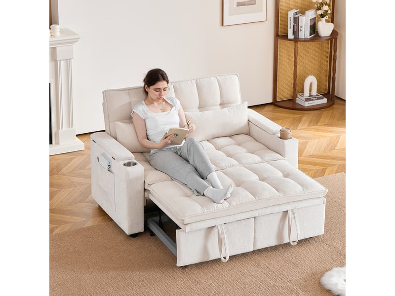  Canapé convertible 2 places 142 cm en chenille, canapé-lit avec fonction lit, rangement, porte-gobelets et coussins inclus - beige  - Conforama B