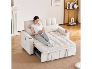 Canapé convertible 2 places 142 cm en chenille, canapé-lit avec fonction lit, rangement, porte-gobelets et coussins inclus - beige