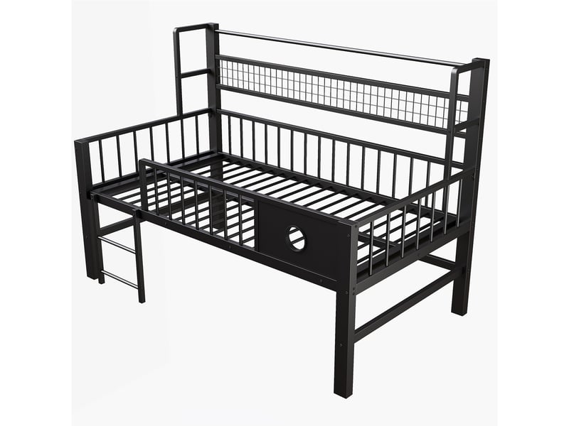  Lit mezzanine bas enfant - 90x200 cm - noir - cadre en métal - hauts garde-corps - espace de rangement 204x95x125.5cm - Conforama D