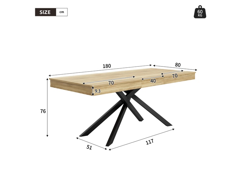  Table à manger extensible 140180 x 80 x 76 cm, 6 à 8 personnes, mdf effet chêne et pieds métal Fay Lum - Conforama C