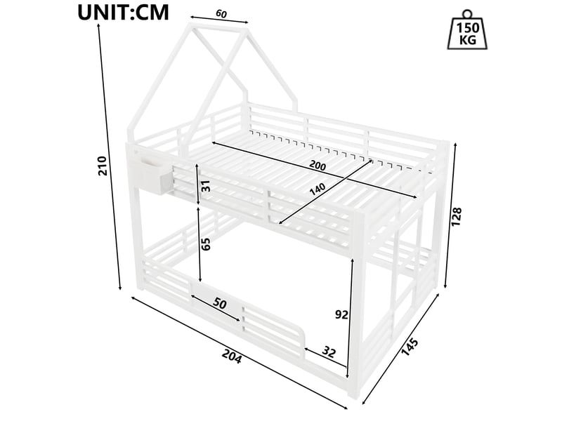  Lit superposé 140x200 cm avec led design maison cadre de toit diy mdf métal blanc sans matelas  - Conforama E