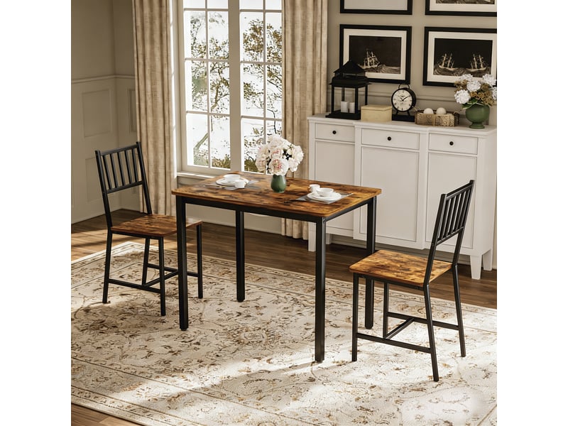 Ensemble repas industriel 3 pièces, table compacte pour petite cuisine avec 2 chaises, plateau marron rustique et cadre noir - Conforama E