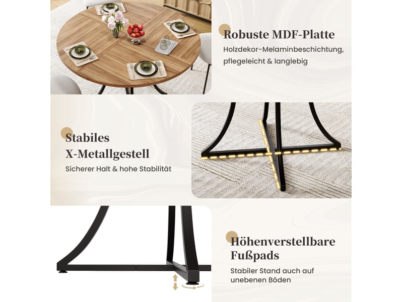 Table de salle à manger ronde pour 4 à 6 personnes avec étagère, pieds réglables, noyer noir 100 × 100 × 75 cm - Conforama E