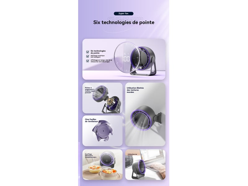  Ventilateur de bureau 100 vitesses rechargeable par usb violet  - Conforama B