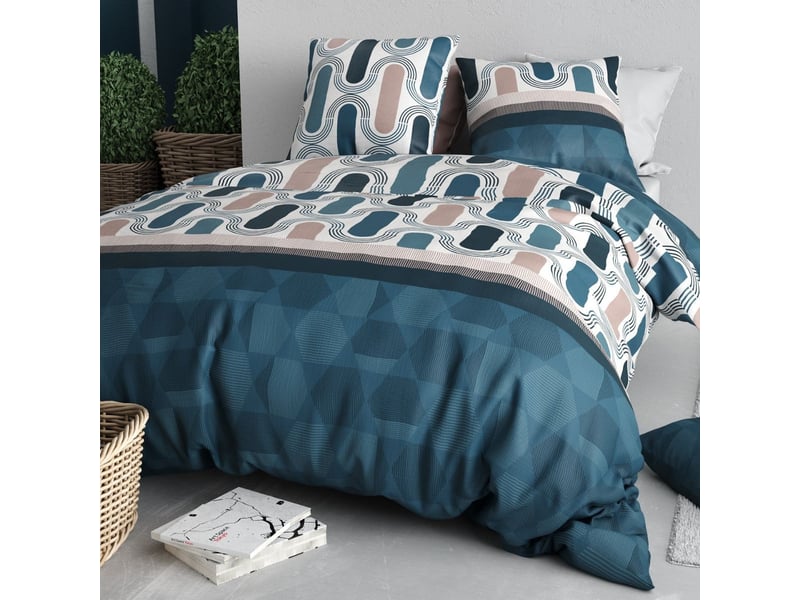  Parure housse de couette 260x240cm + 2 taies motif pop rétro bleu et rose 100% coton - leana LEANA - Conforama B