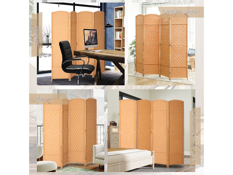  Paravent intérieur en bois 4 panneaux séparateur de pièce pliable pour salon chambre 180 x 180 cm clair brun  - Conforama W