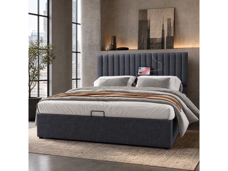  Lit coffre double gris 160 x 200 cm avec matelas, led et ports usbtype-c  - Conforama B