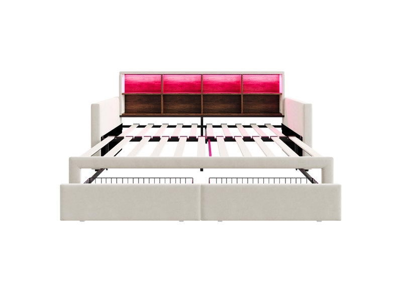  Lit gigogne enfant 90x190 cm canapé-lit avec led et tiroirs, velours, beige, sans matelas  - Conforama E