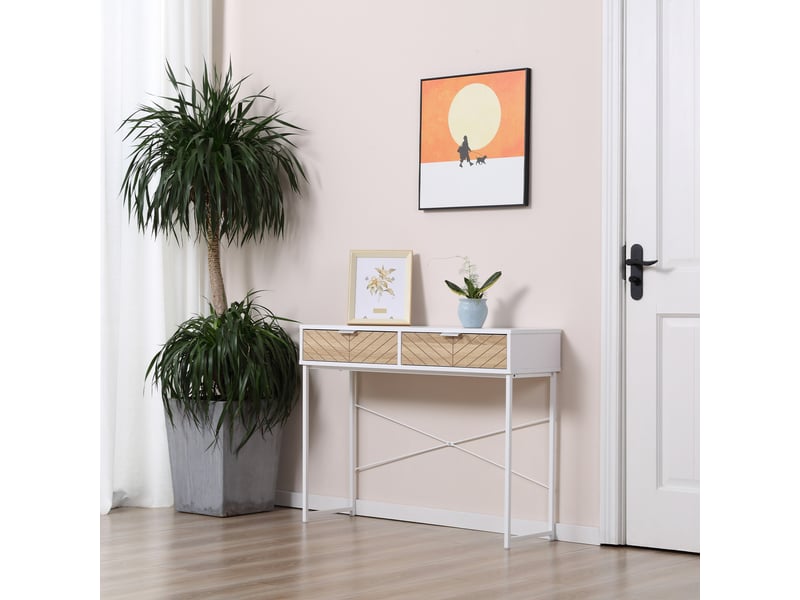  Table console industriel 2 tiroirs aspect bois de chêne sculpté motif à chevrons piètement métal blanc  - Conforama D