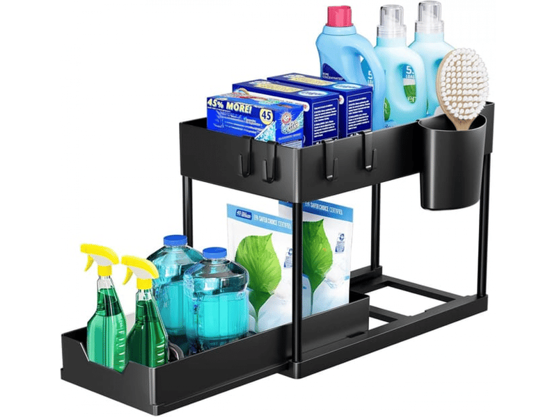  Étagère de rangement sous l'évier, organisateur glissant multifonction avec tiroir amovible, adapté pour salle de bain et cuisine, noir  - Conforama A