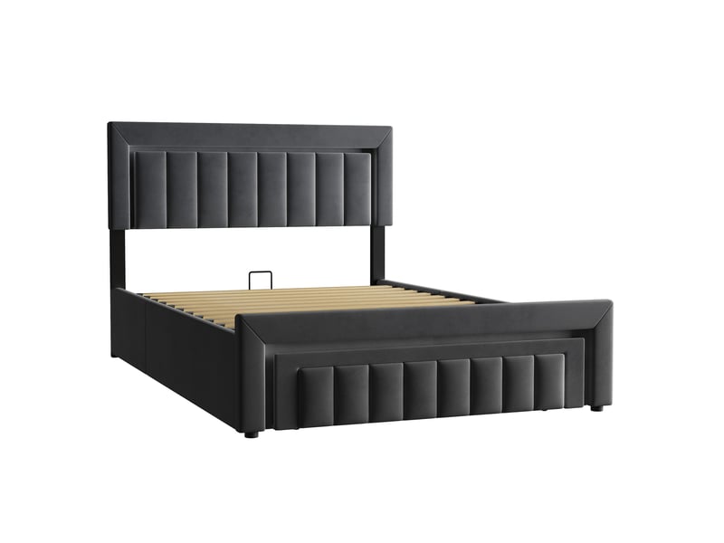 Lit double 140x190 cm avec rangement, tiroir et led blanc chaud gris homvra - Conforama A