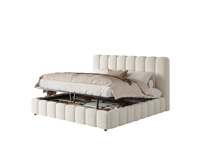 Lit coffre hydraulique adulte douple place 180x200 cm, tête de lit rembourrée, sommier, stockage, bouclé, blanc, sans matelas - Conforama E