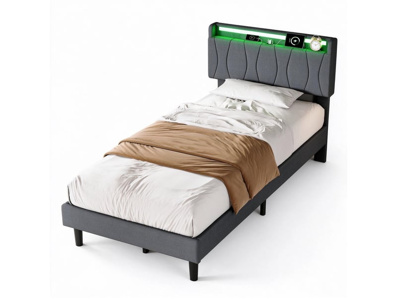  Lit enfant 90x200 cm, lit 1 place avec tête de lit, led, rangement et sommier, port usb et usb-c, lin, gris, sans matelas  - Conforama A