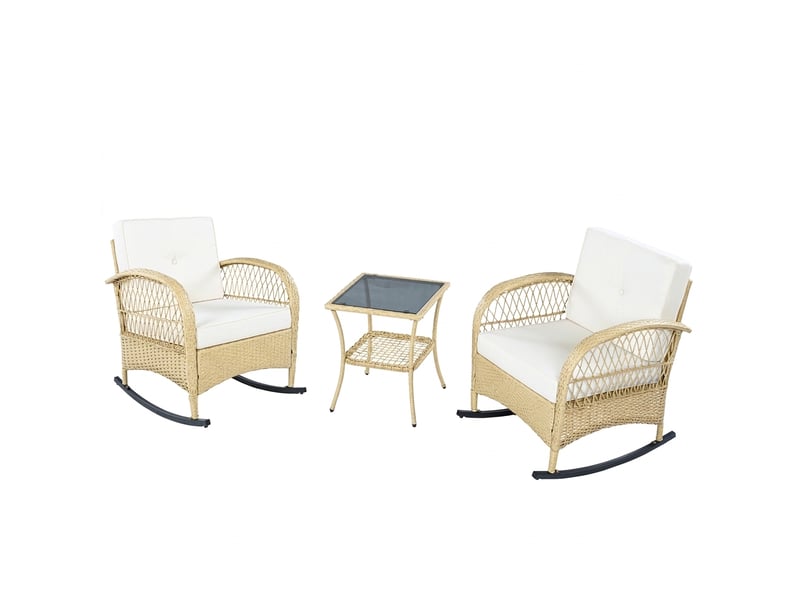  Ensemble de balcon en rotin, 3 pièces, comprenant 2 fauteuils à bascule, une table en verre, des coussins beiges, résistant aux intempéries, capacité de charge 160 kg  - Conforama A
