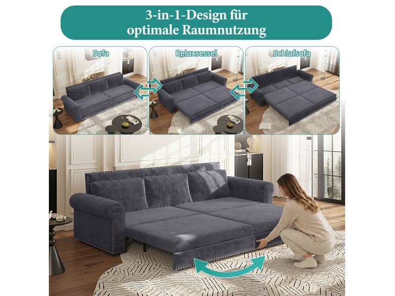 Canapé droit convertible 3 places en velours gris, 3-en-1 avec couchage, accoudoirs roulés et clous décoratifs - Conforama E