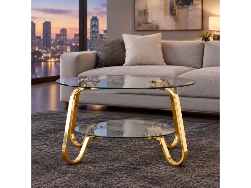  Table basse ronde à deux niveaux en verre trempé et métal doré 80 cm evryae  - Conforama C