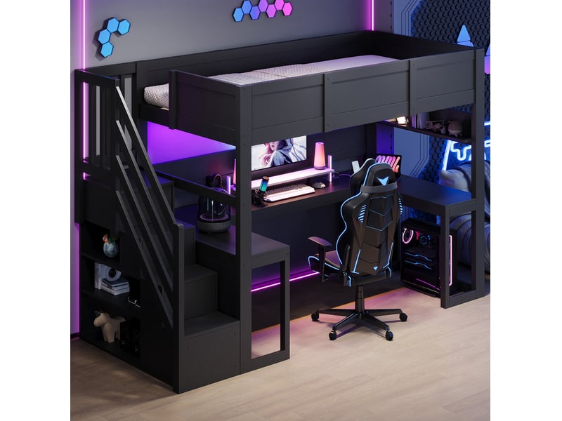  Lit mezzanine pour gamer 90x200 cm, bureau intégré, escalier rangement, led, port usb, mdf noir sans matelas  - Conforama D