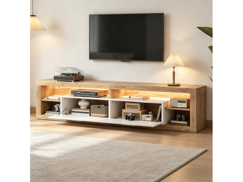  Meuble tv modenvie avec led contrôlées par application 180 x 35,5 x 50 cm 2 tiroirs 4 niches décor bois naturel et blanc  - Conforama E