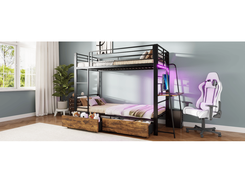 Lit mezzanine 1 place 90×200 cm avec bureau, led et tiroirs - okmyhome- métal noir, sans matelas - Conforama B
