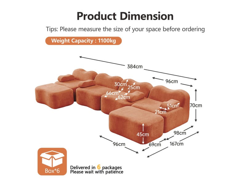  Canapé modulaire 4 places en u avec assise profonde, 2 poufs et accoudoirs coussins mobiles, en velours orange  - Conforama E