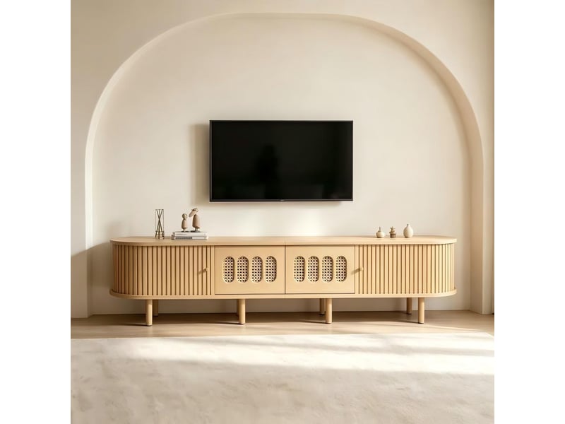  Meuble tv ovale 180 x 40 x 40 cm en bois clair, design rotin, deux portes d'armoire, deux portes coulissantes, réf. N625p390481e  - Conforama D