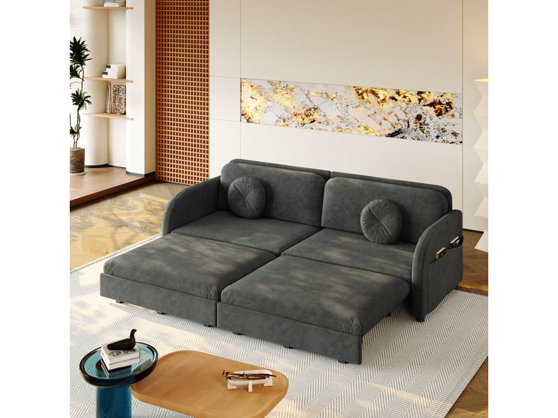  Canapé-lit couple queen-size extensible noir en chenille avec coussins et poches,  - Conforama E