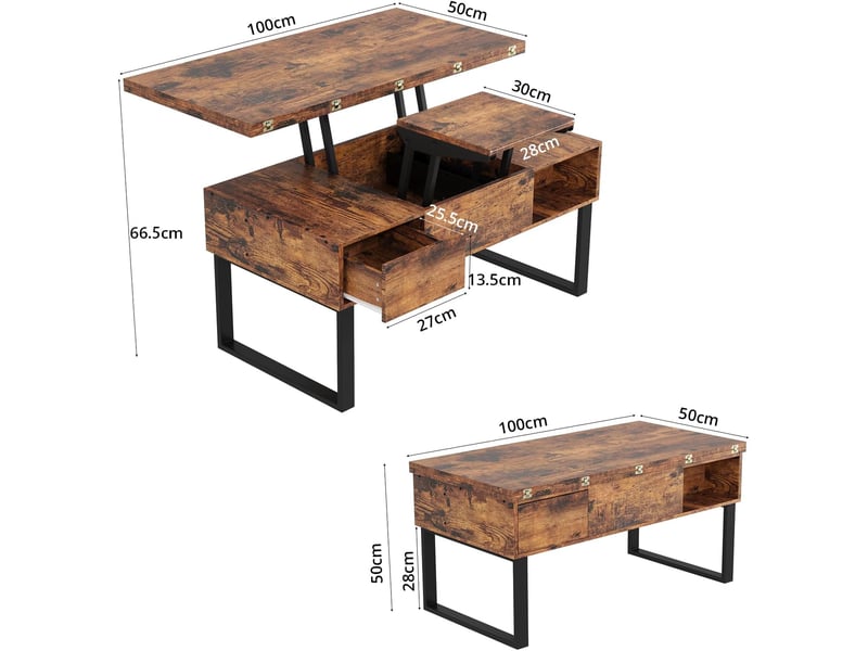  Table basse réglable en hauteur, table de salon multifonctionnelle 3 en 1 avec 2 tiroirs et rangement dissimulé (marron rétro)  - Conforama C