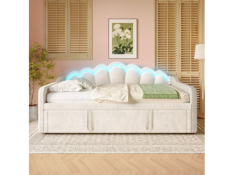  Modenvie lit gigogne 90x200 cm - avec bande led multicolore et dossier ondule, sans matelas - beige  - Conforama B