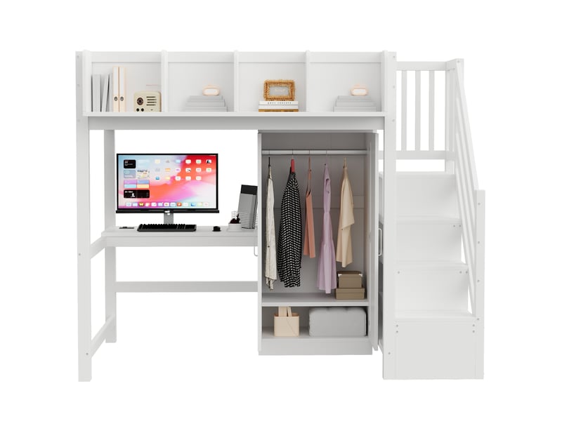Lit mezzanine 90x200 cm avec bureau et armoire - lit enfant avec rangement, led et sommier à lattes - bois blanc - Conforama A