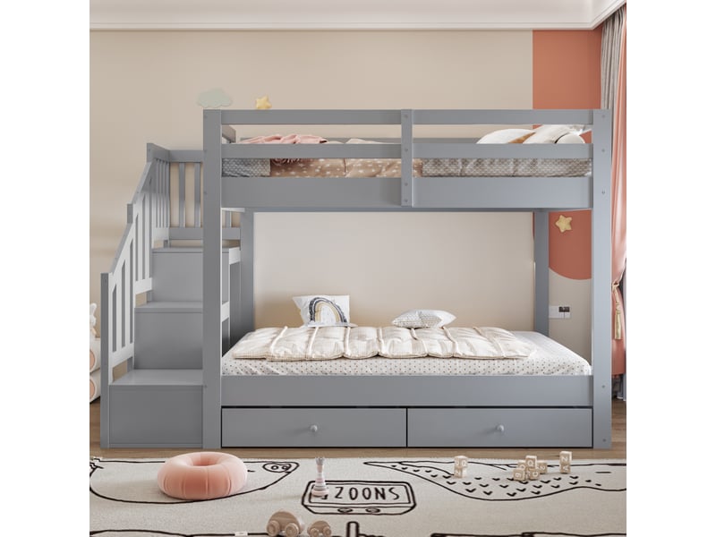 Lit superposé 2 places 140x200 cm avec escalier de rangement, 2 tiroirs, penderie, garde-corps, sommiers à lattes, pin et mdf gris - Conforama C