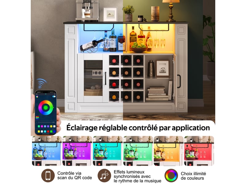  Meuble bar à vin avec éclairage led rgb, casier 12 bouteilles, 120 cm blanc et plateau noir  - Conforama D