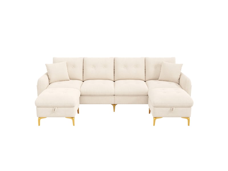  Canapé d'angle moderne ,4 places, avec 2 tabourets de rangement et 2 coussins décoratifs ,263×137×85 cm,beige  - Conforama A