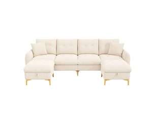 Canapé d'angle gauche fixe BIQZUYA  4 places Tissu beige avec coffre de rangement
