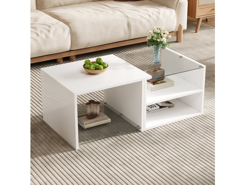  Table basse rectangle 100x50x38 cm éclairage led contrôlée par application, en panneau de particules, coloris blanc  - Conforama D