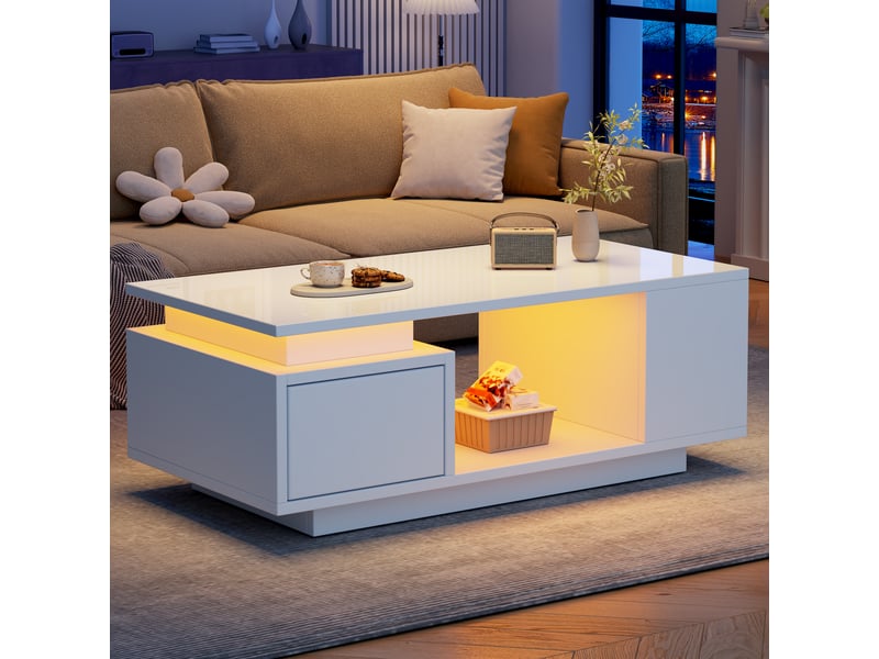  Table basse blanche brillante avec led app contrôle, table de salon 100x50x36 cm avec tiroir et rangements latéraux  - Conforama W