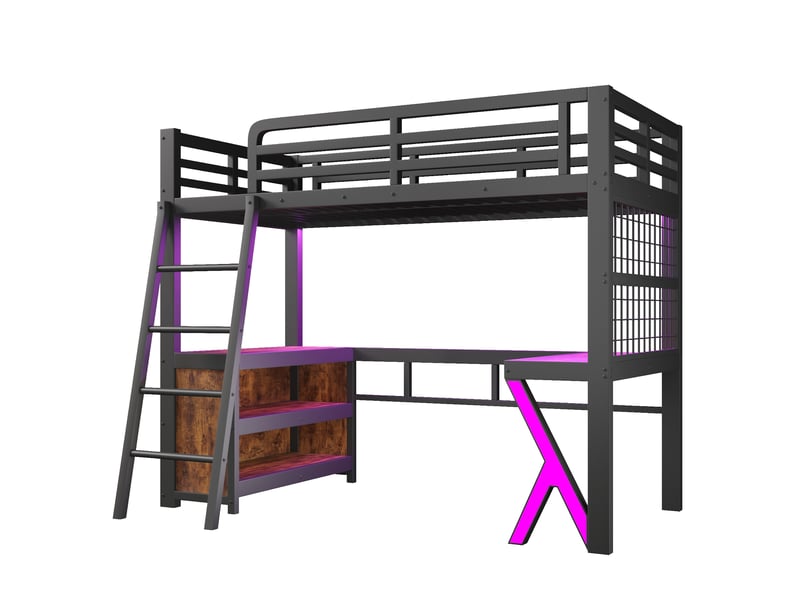  Lit mezzanine 90 x 200 cm en métal noir avec bureau, armoire de rangement, panneau grillagé et éclairage led intégré  - Conforama A