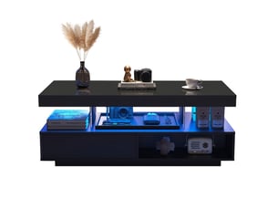 Table basse avec éclairage led 95x50x42,5 cm panneau de particules et verre table basse noire brillante