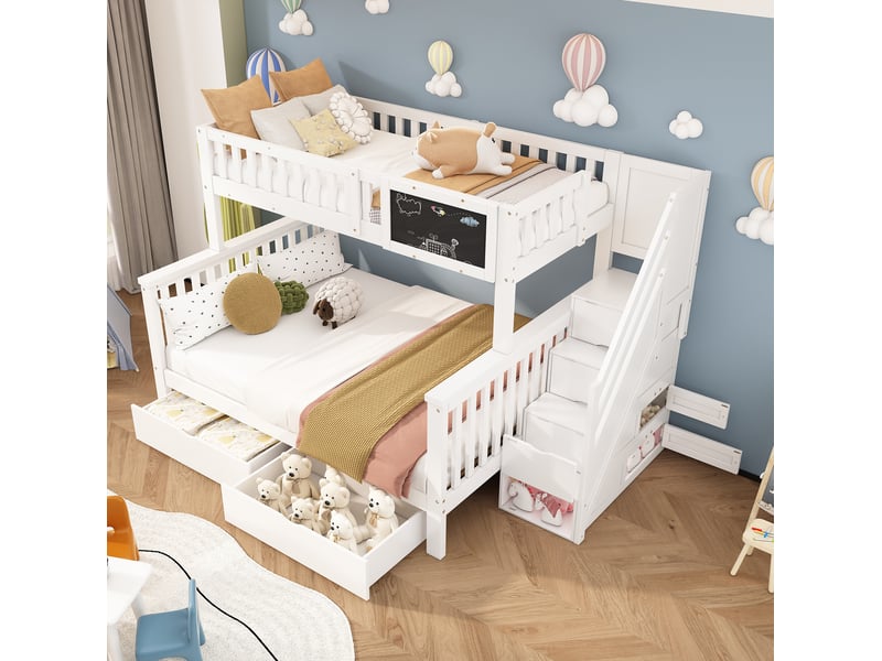  Lit superposé enfant blanc avec tableau et rangements 90 x 200 cm et 140 x 200 cm  - Conforama D